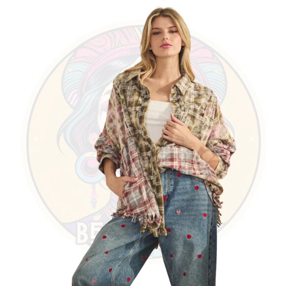 T709 OLI & HALI Olive Pink Plaid Cotton Button Up Frayed Hem Shirt - Picture 2 of 3